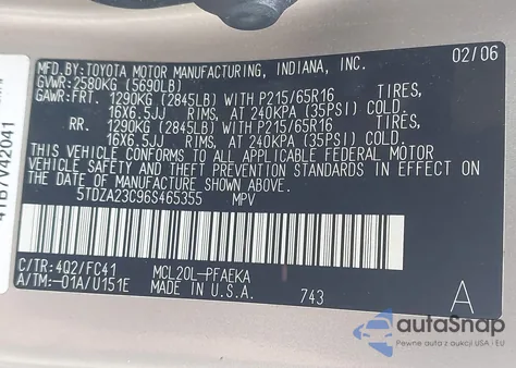 2006 Toyota Sienna Le z USA, uszkodzony, nr VIN 5TDZA23C96S465355